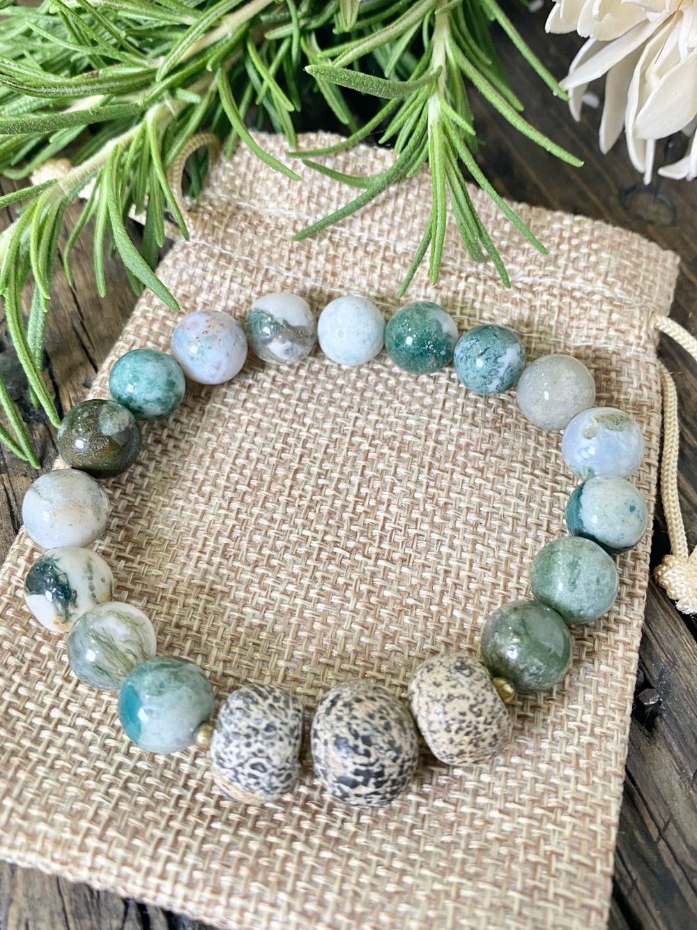 Green & White Beaded Bracelet, Tree Agate & Fossilized Stone, Unisex